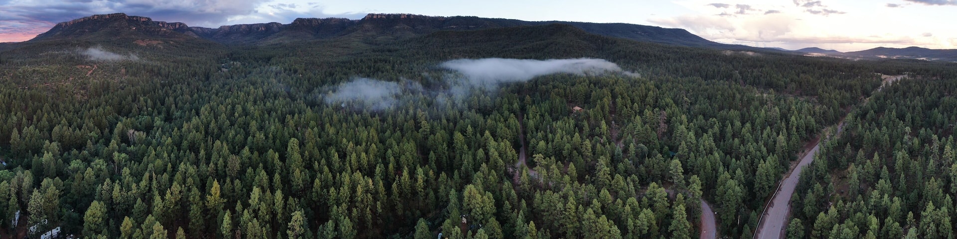 Aerial panorama of the Mogollon Rim & the Town of Christopher Creek, Arizona