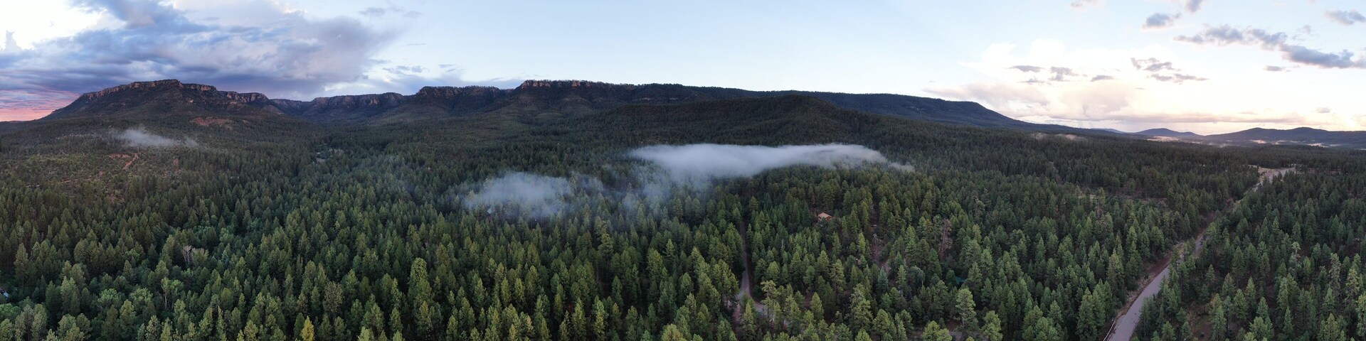 Aerial panorama of the Mogollon Rim & the Town of Christopher Creek, Arizona