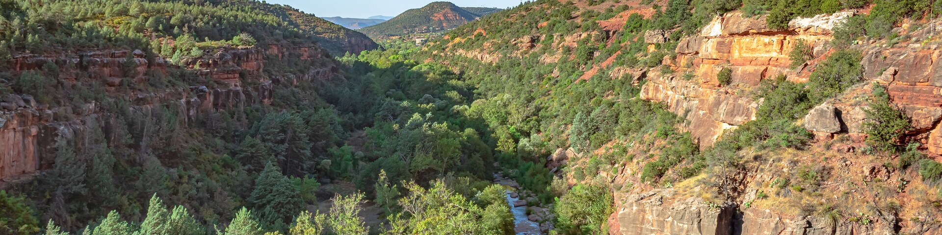 Ein Canyon mit Fluss, dichtem Grünland und steilen Felswänden.