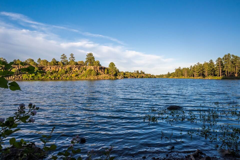 A calm lake with rocky cliffs and dense trees.