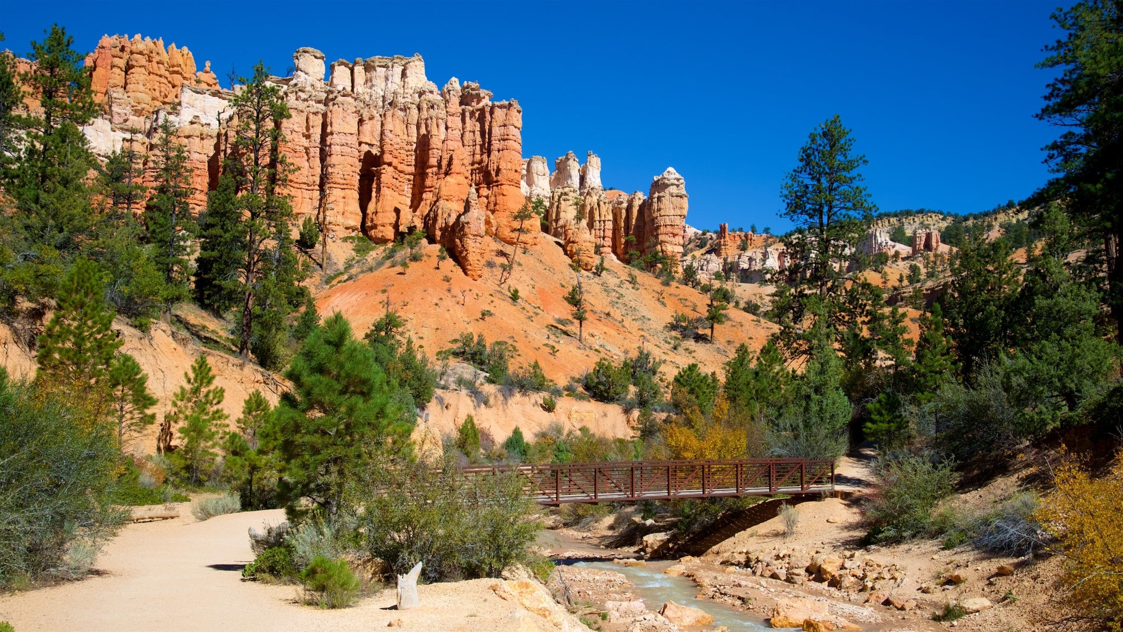 A canyon with red rock formations, a river, and a wooden bridge.