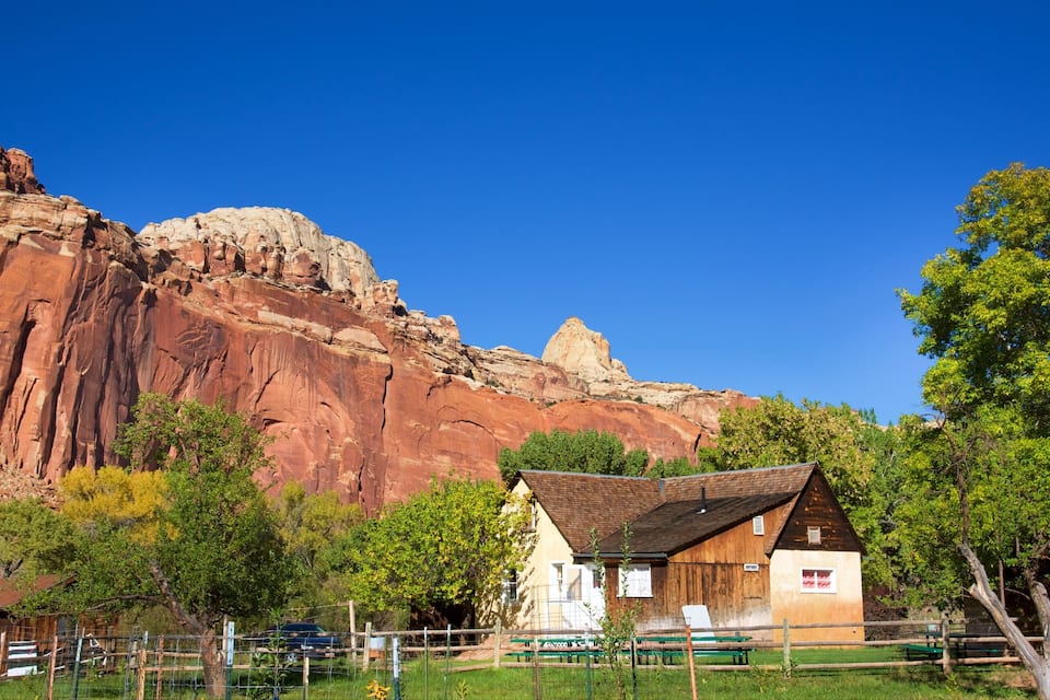 A rustic cabin with a wooden roof, surrounded by lush greenery and a clear blue sky. In the background, there are red rock formations and a large tree.
