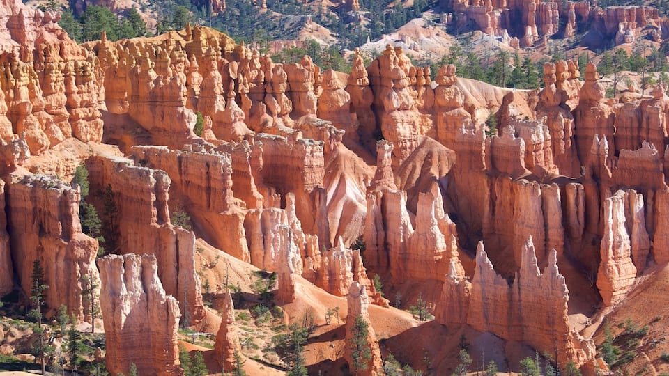 A landscape of red rock formations with spires and pinnacles.