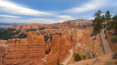 A canyon with red rock formations, a trail, and people hiking.