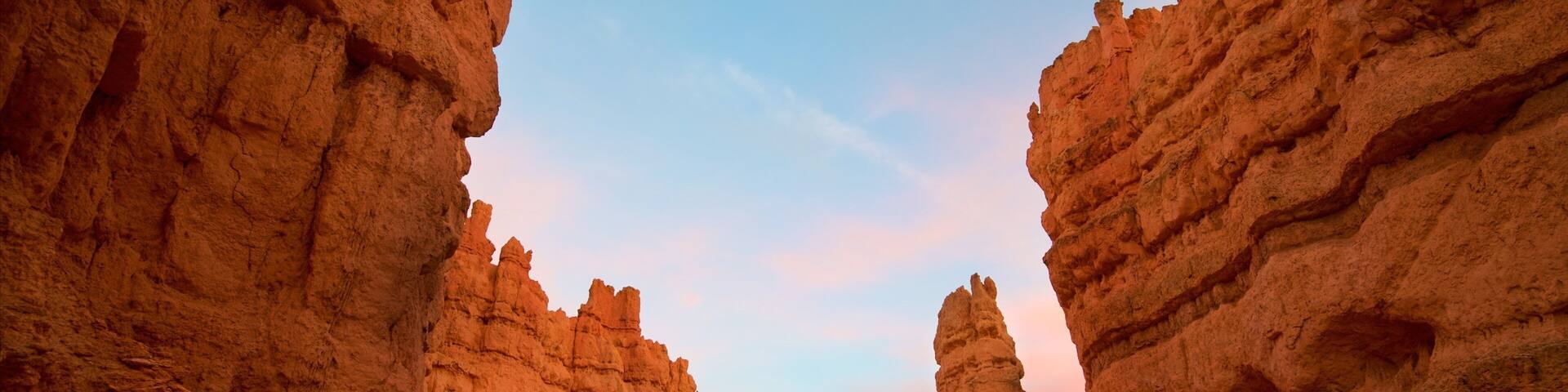 Bryce Canyon National Park showing a sunset, desert views and a gorge or canyon