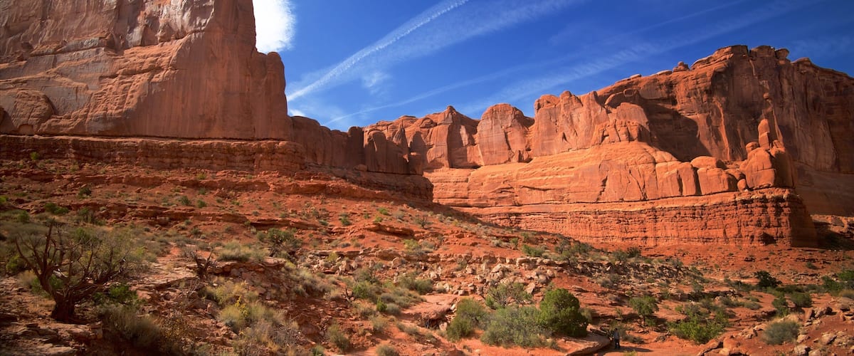 Arches National Park which includes tranquil scenes, desert views and a gorge or canyon