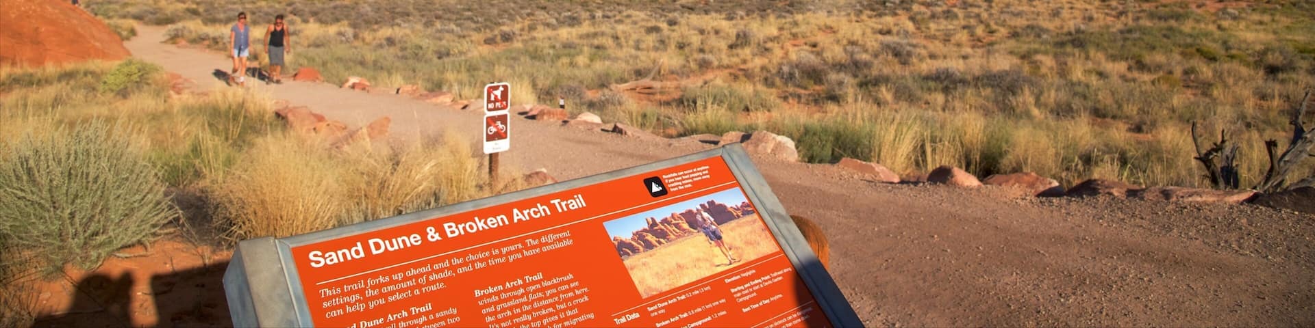 Sand Dune Arch which includes signage, a gorge or canyon and desert views