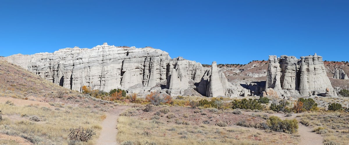 Panorama of rock formations and vegetation at Plaza Blanca near Abiquiu, New Mexico