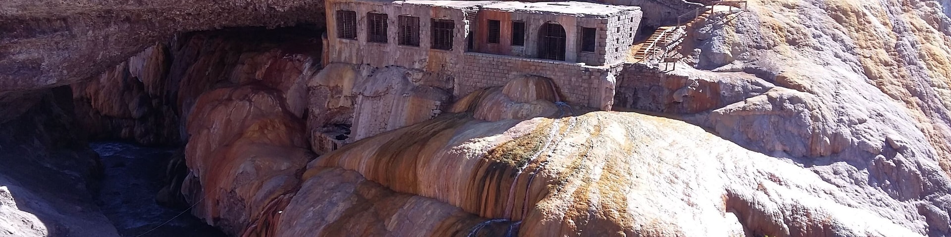Puente del Inca ruins in Mendoza, Argentina, South America. Natural stone bridge with hot springs.