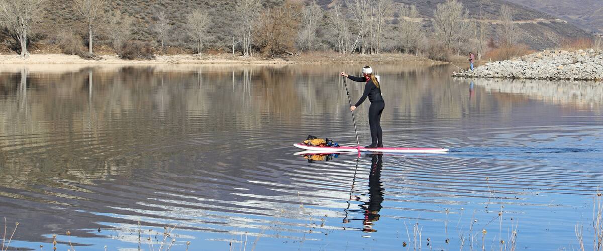 Paddle boarder on Deer Creek Reservoir, Utah