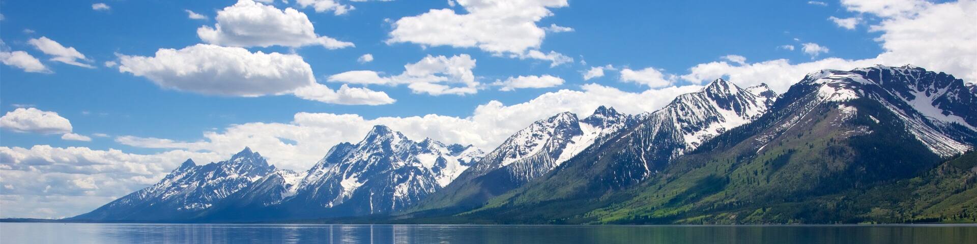 Jackson Lake mostrando montañas y un lago o abrevadero