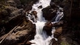 Une cascade d’eau qui dévale des rochers dans une zone boisée.