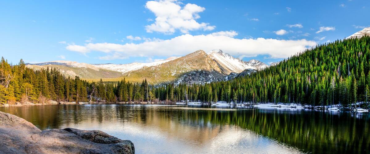 Bear Lake in the Rocky Mountain National Park in Colorado, is magnificent::clear, serene, cold,