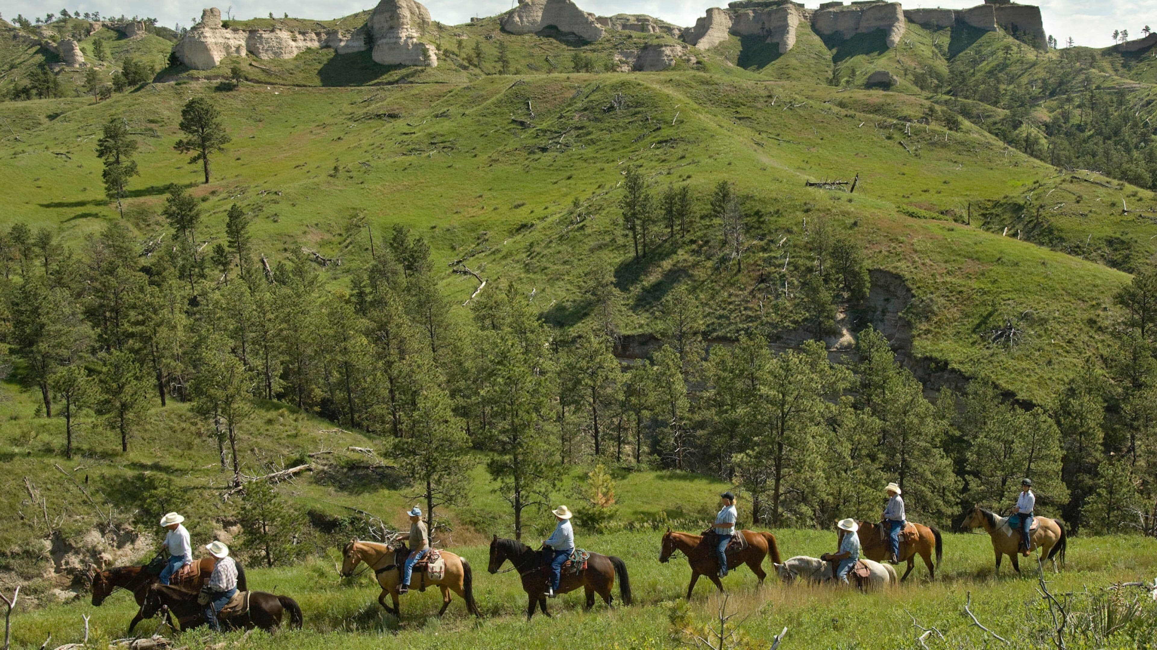 A group of people riding horses on a grassy hillside with rocky formations in the background.