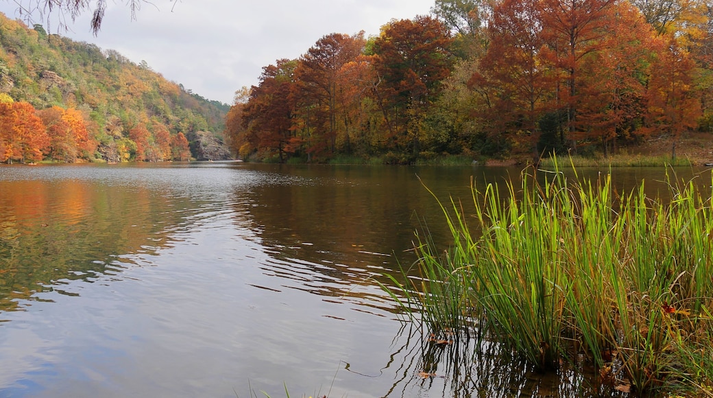 Popular Mountain Forks River at the Beavers Bend State Parks in Broken Bow, Oklahoma with colorful foliage in autumn
