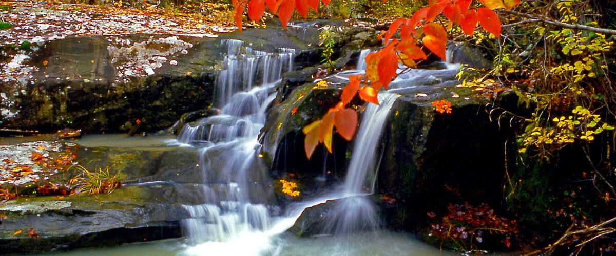 A waterfall cascading over rocks in a forested area with autumn foliage.