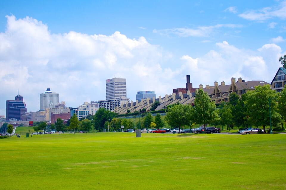 Un horizonte urbano con edificios modernos, un parque grande y frondoso, y un monumento histórico.