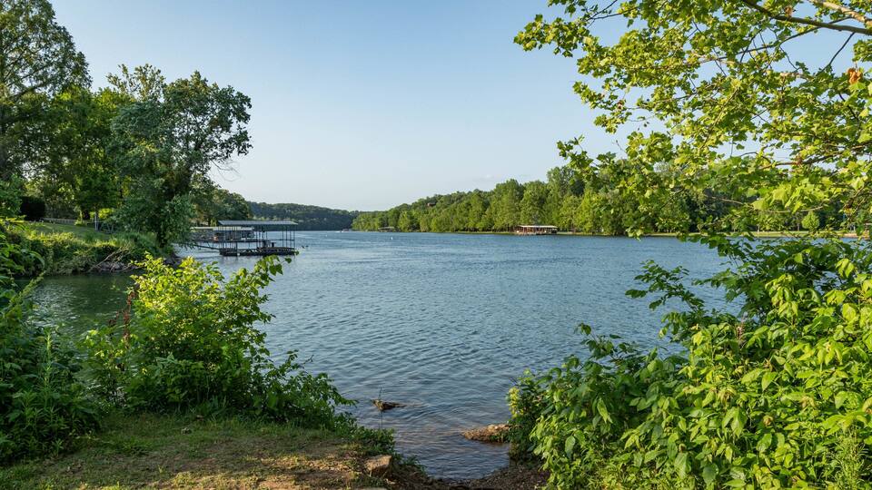 A lake surrounded by lush greenery, a dock, and a small boat.