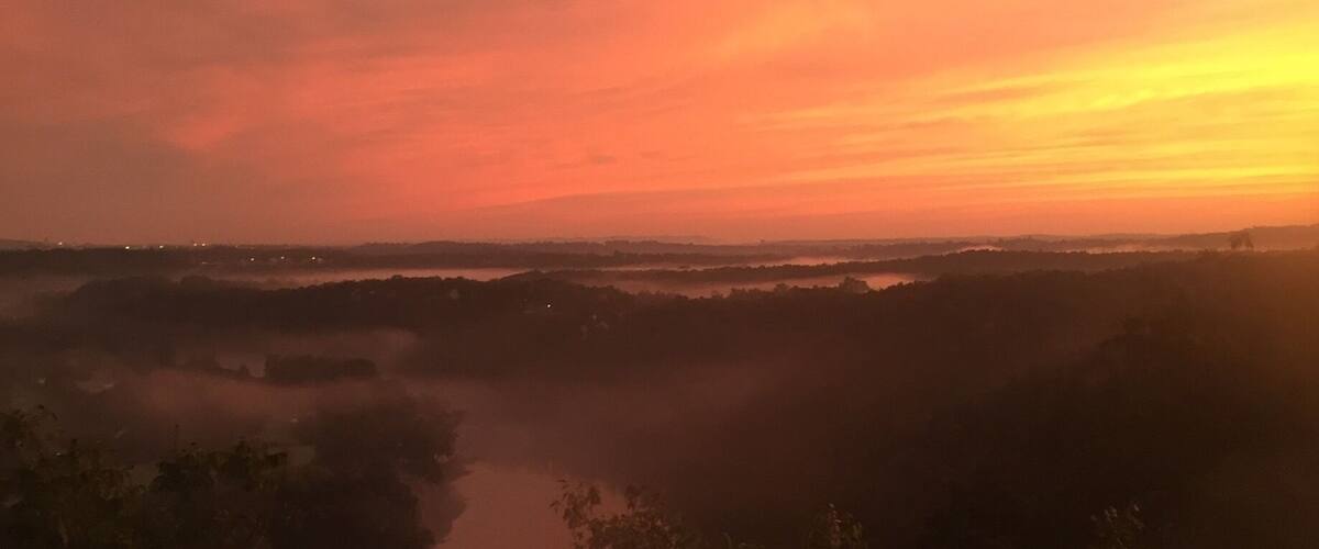 Auringonlasku joen yllä, ja sen ympärillä kasvillisuutta.