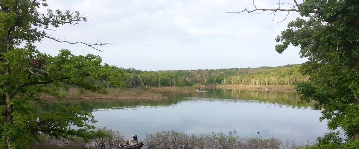 A calm lake surrounded by trees and a small boat docked on the shore.