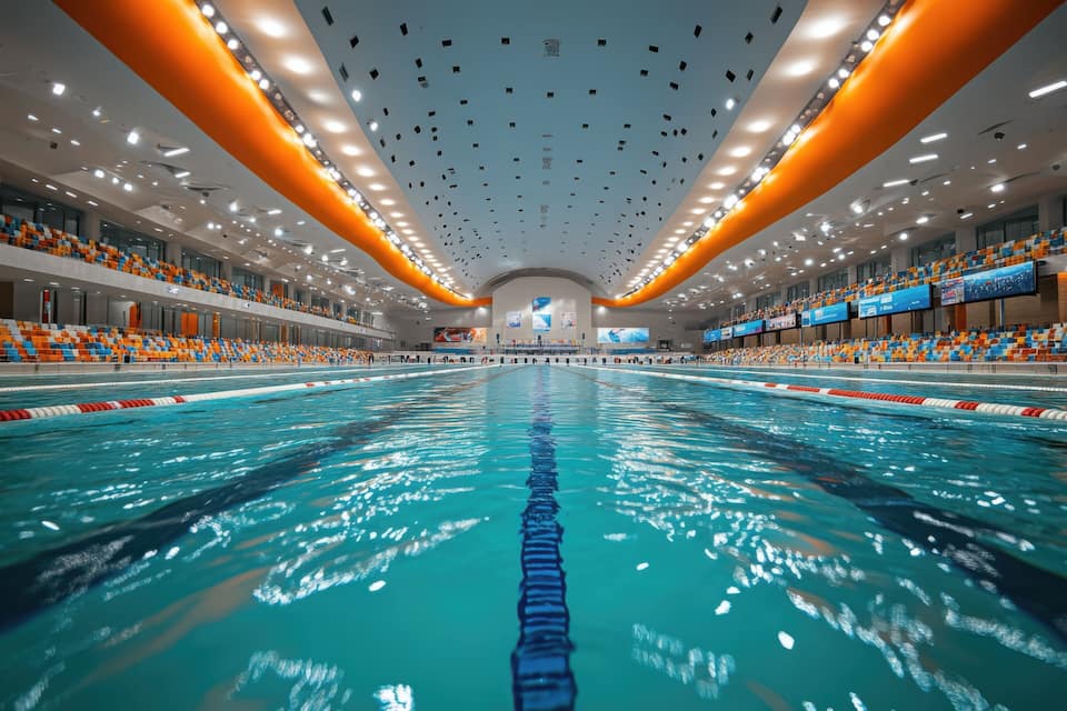 Una gran piscina interior con zonas de estar anaranjadas y azules, y múltiples pantallas en las paredes.