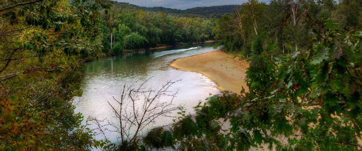 A river flowing through a forested area with a sandy beach.