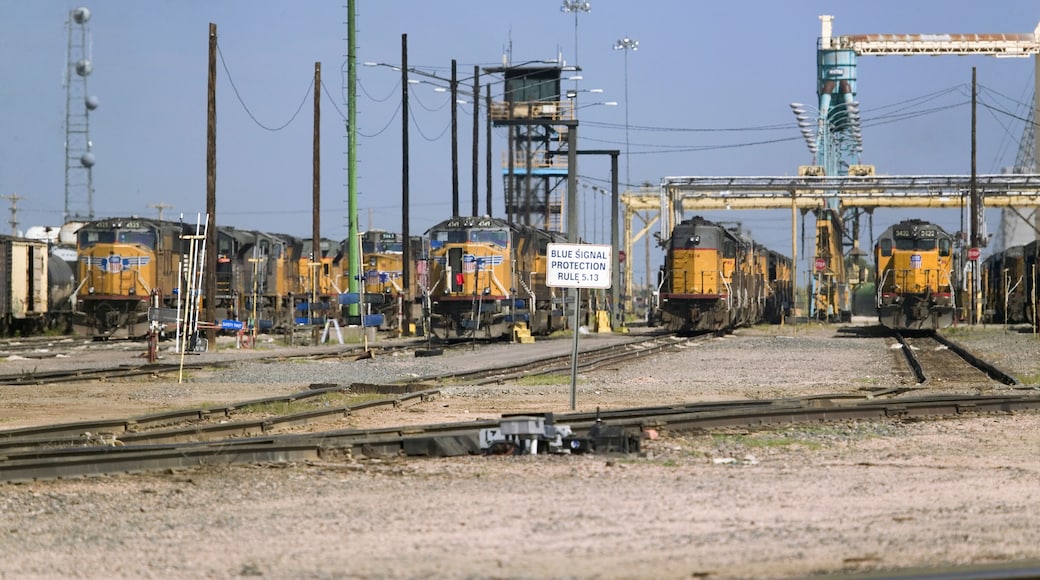 Yellow train engines at Union Pacific's Bailey Railroad Yards, North Platte, Nebraska, the worlds largest classification railroad yard