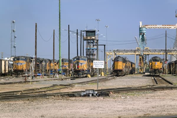 Yellow train engines at Union Pacific's Bailey Railroad Yards, North Platte, Nebraska, the worlds largest classification railroad yard