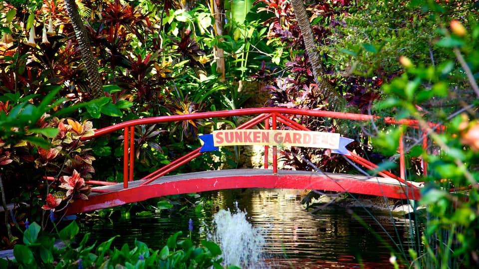 Sunken Gardens which includes a bridge, a river or creek and signage