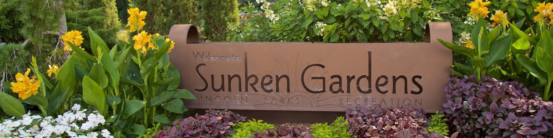 Sunken Gardens que inclui sinalização, um jardim e flores