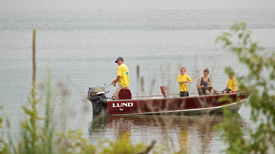 A small motorboat with four people on it, one person steering and three passengers.