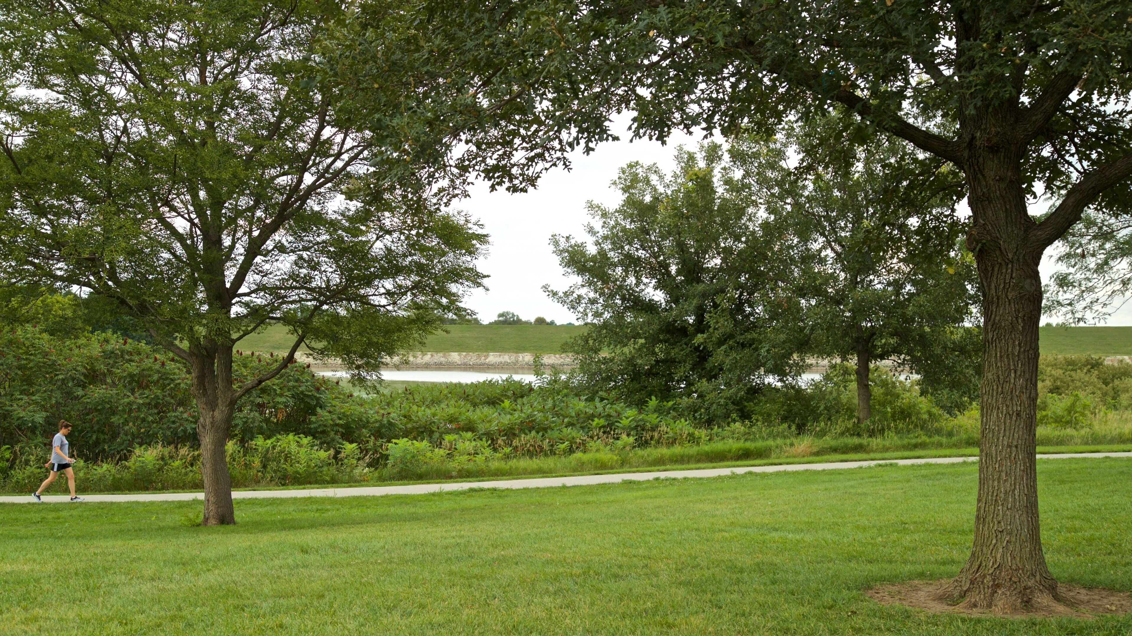 Zorinsky Lake Park showing hiking or walking and a park as well as an individual female