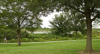 Zorinsky Lake Park showing a garden and hiking or walking as well as an individual female