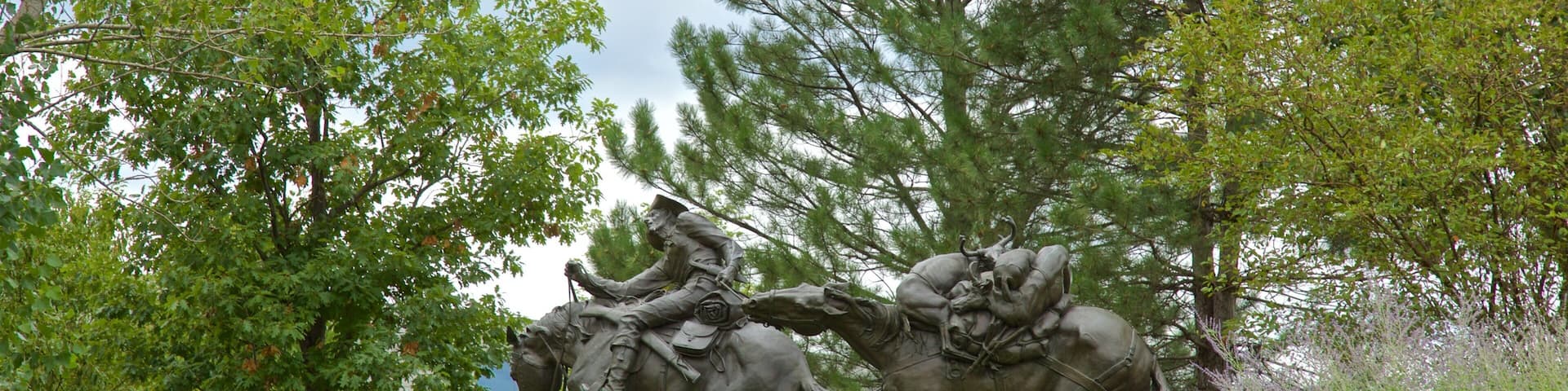 Parque Pioneer Courage mostrando una estatua o escultura y un jardín