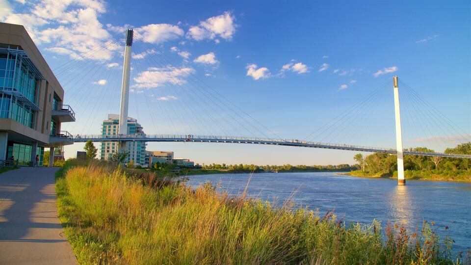 A cable-stayed bridge over a river with modern buildings on the left and lush greenery on the right.