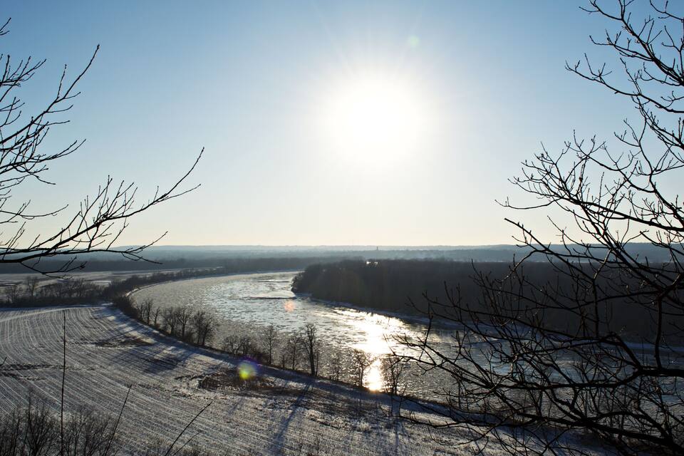 A river with a clear sky and bare trees.