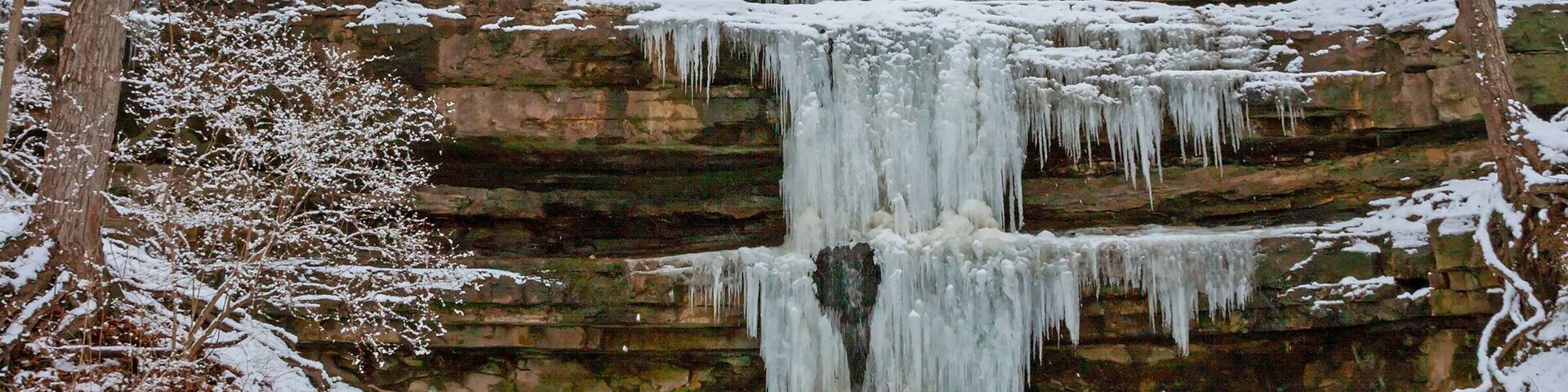 Landscape with a frozen waterfall at Creve Coeur Park near St. Louis Missouri