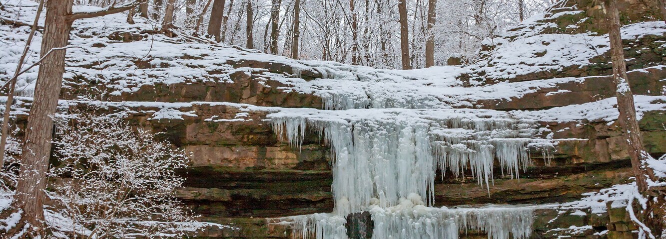 Landscape with a frozen waterfall at Creve Coeur Park near St. Louis Missouri