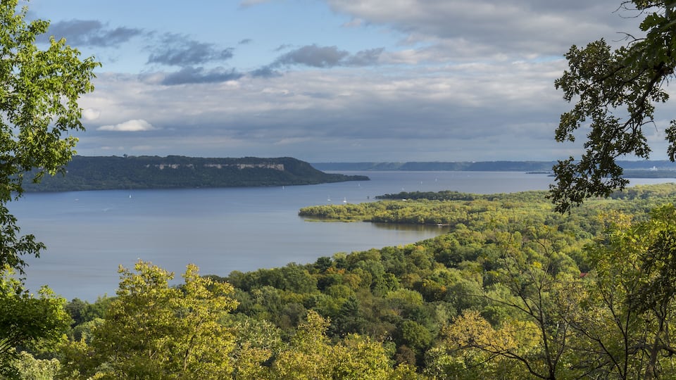 A lake surrounded by dense forest and a distant hill with a fort.