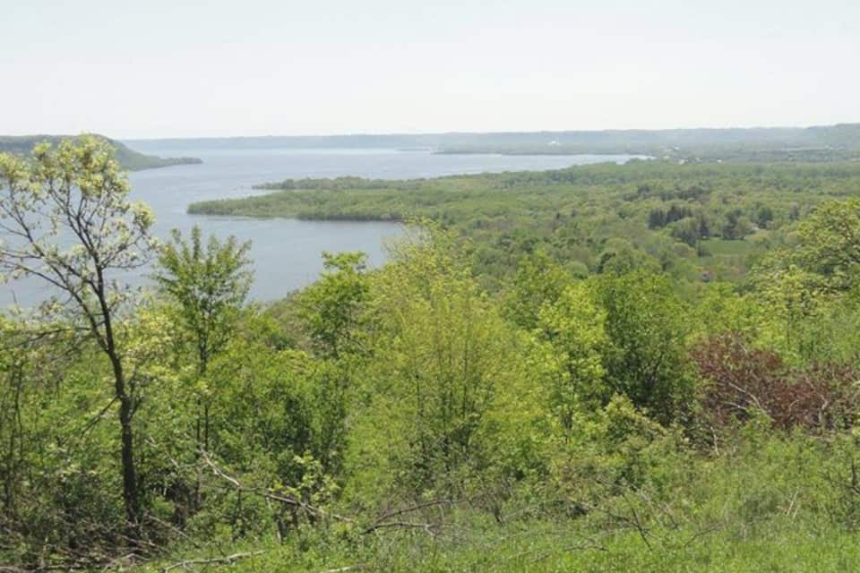 A lake surrounded by dense forest and hills.