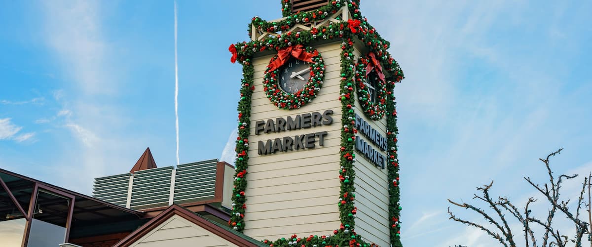 Afternoon view of the farmer's market with christmas decoration