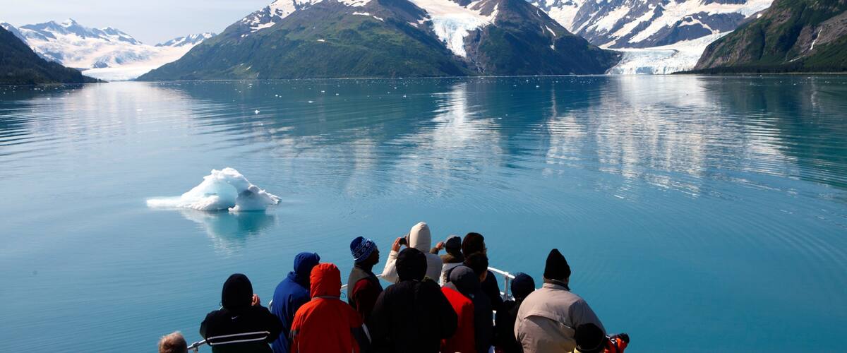 Kenai Peninsula toont cruises, bergen en een baai of haven