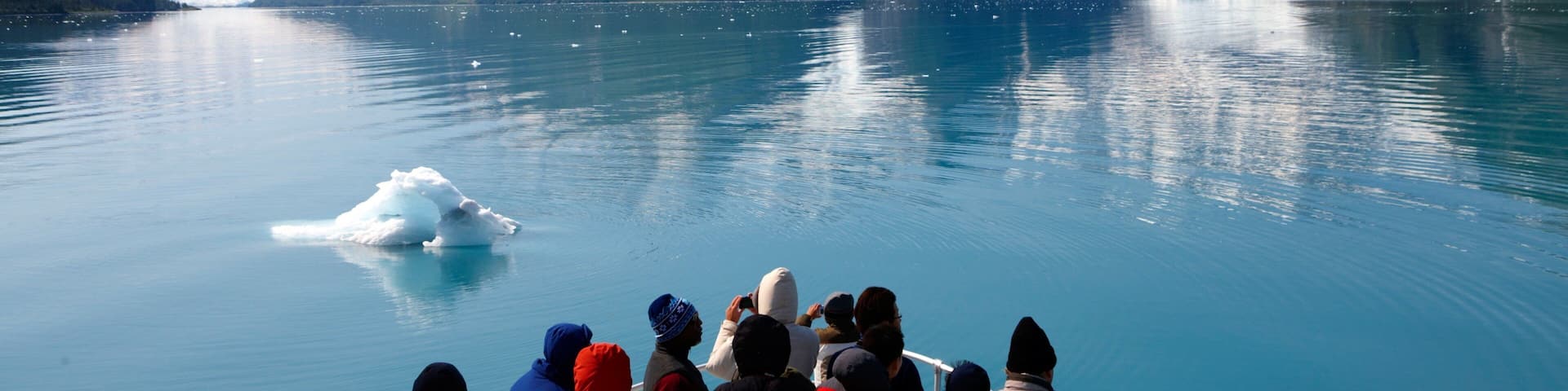 A group of people on a boat observing a glacier in a mountainous lake.
