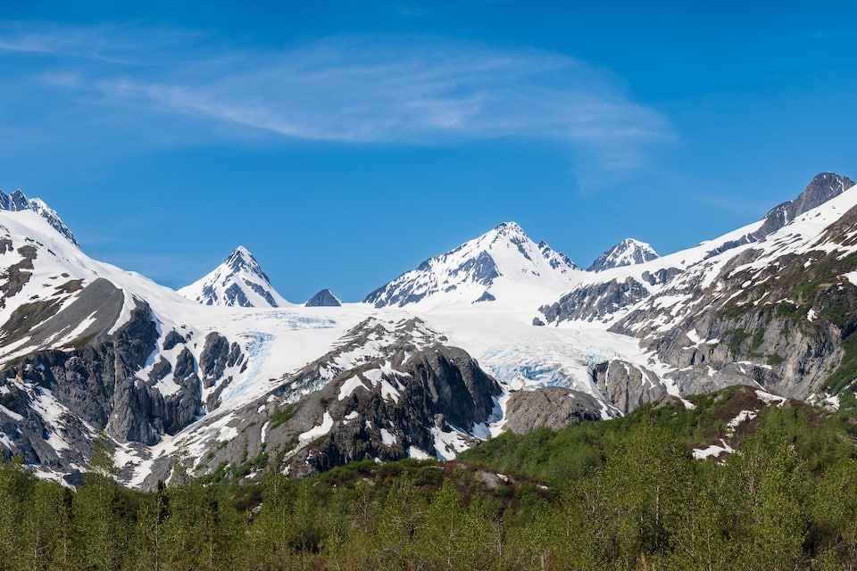 A range of snow-capped mountains with a clear blue sky.