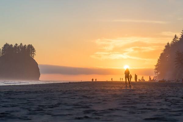 A beach at sunset with a large rock formation and trees.