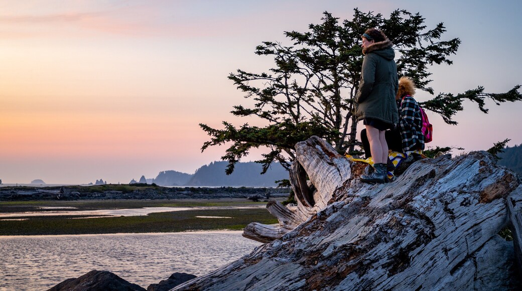 La Push showing a sunset and general coastal views as well as a couple