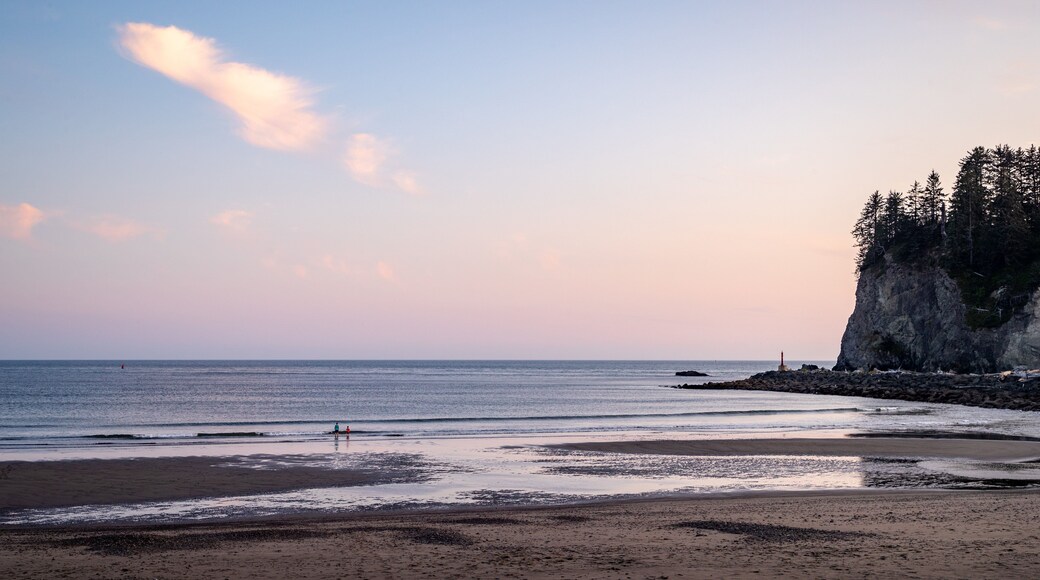 La Push which includes general coastal views, a sunset and a beach