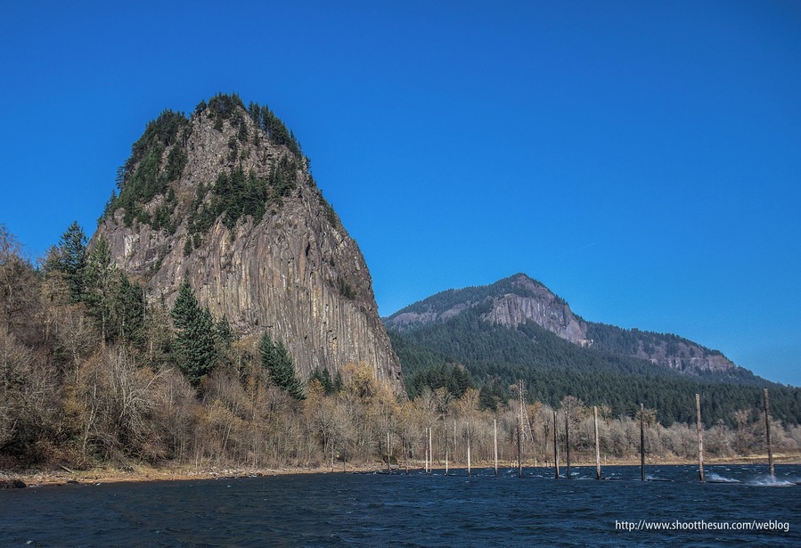 Here is what people usually come to see at Beacon Rock State Park, the 848-foot basalt plug which gives the park its name.
You can actually walk up to the top of it using a very well-constructed, reinforced and paved trail which spirals around the monolith and deposits you on its summit.
All along the way, you can peek out to see some of the most breathtaking views of the gorge.
The only trouble is, when you get that close to the thing, you can't get a decent photo of it in its entirety. For that, your best bet is this state park, which is a little less than a mile away.
That's Table Mountain to the right, whose trailhead is some five miles to the East.