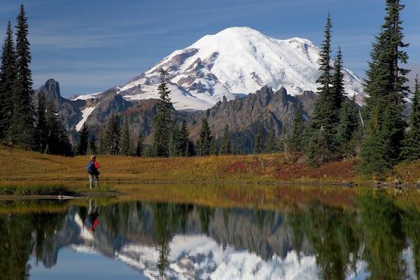 Reflection of a snowcapped mountain in a lake, Tipsoo Lake, Mount Rainier, Mount Rainier National Park, Washington, USA