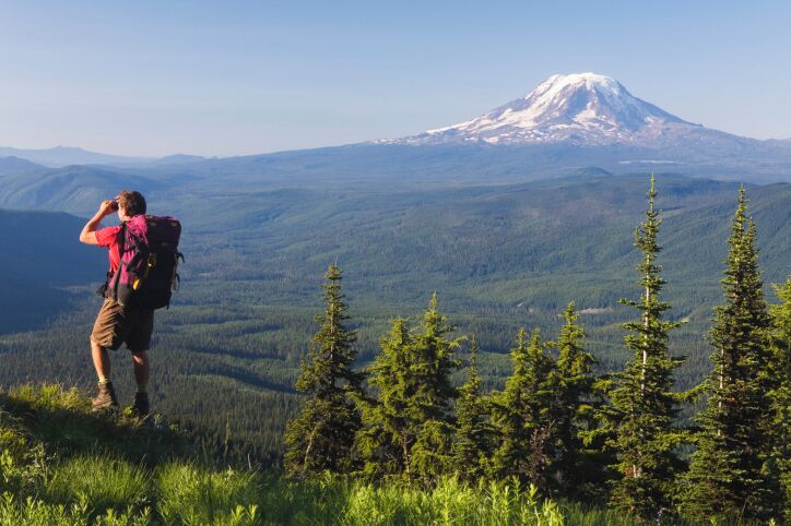 Mature man with backpack looking at mountain landscape, rear view